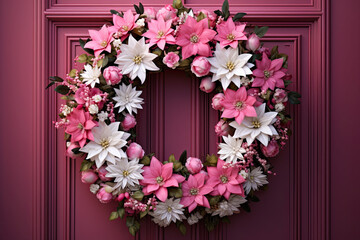Fototapeta na wymiar Autumn pink wreath on the front door