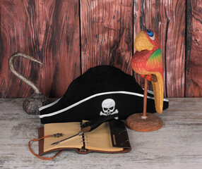pirate accessories on a wooden table