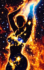 Fototapeta premium Woman silhouette in space with stars and nebula. The concept of God in the image of a female against the background of the universe. Generative AI.