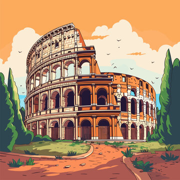 Colosseum hand-drawn comic illustration. Colosseum. Vector doodle style cartoon illustration