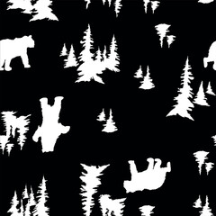 Landscape with bears, ribs, winter trees and fir trees. Seamless wildlife pattern. Hand drawn vector illustration.