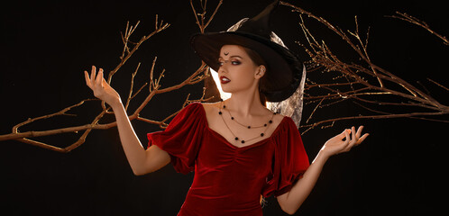 Beautiful witch on dark background