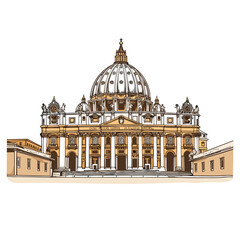 Basilica of Saint Peter hand-drawn comic illustration. Saint Peter's Basilica. Vector doodle style cartoon illustration - obrazy, fototapety, plakaty