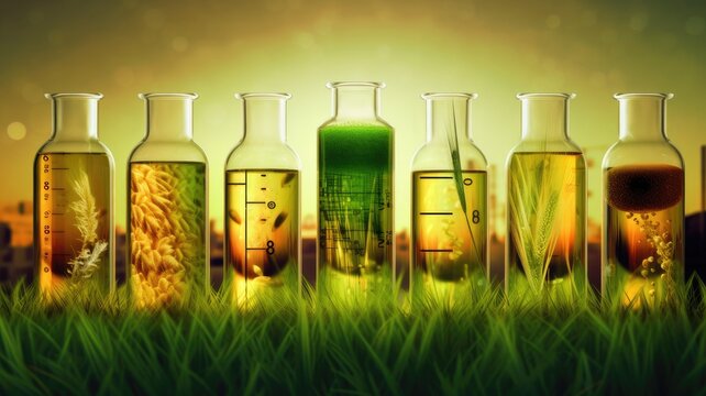 biofuel production processes, such as biomass conversion or algae cultivation, representing the potential of biofuels as a sustainable energy source. Generative AI