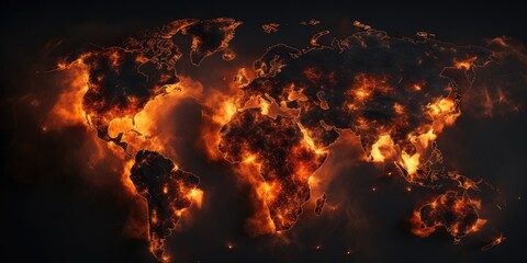 A burning world map, black background, global warming, Generative AI