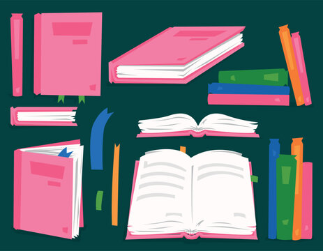 Book vector, books in different position on the table, bookmarks, literature, color flat vector illustration in flat style. school books, library books. Books for children.