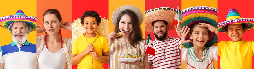 Collage of Mexican people with traditional food, sombrero hats and flags on color background
