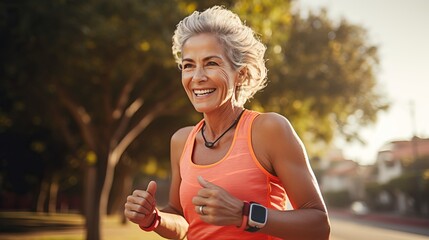 generative Ai.seniorLatin woman. she's running outside on sunny day. solf light and bokeh style. she's 55 year old, beautiful eyes and healthy. she's smiling in Sport wear, smart watch and sunglasses.