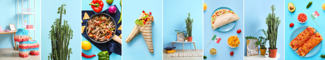 Collage of traditional Mexican food with pinata and cacti on light blue background