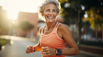 seniorLatin woman. she's running outside on sunny day. solf light and bokeh style. she's 55 year old, beautiful eyes and healthy. she's smiling in Sport wear, smart watch and sunglasses.