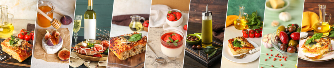 Collage of traditional Italian food on table