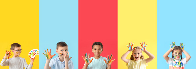 Collage of happy little children with palms in paints, brush and palette on color background
