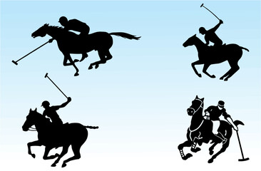 Polo silhouettes in different positions. Horse polo, polo players on horses in playground. Polo tournament poster and banner idea for media and web. Editable vector, eps 10.