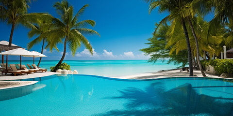Fototapeta na wymiar Luxurious swimming pool and loungers umbrellas near beach and sea with palm trees and blue sky