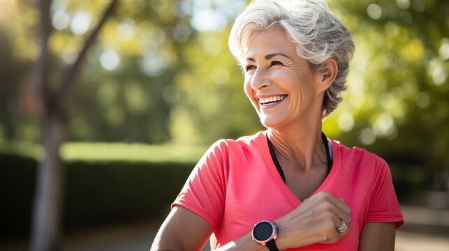 generative Ai.seniorLatin woman. she's running outside on sunny day. solf light and bokeh style. she's 55 year old, beautiful eyes and healthy. she's smiling in Sport wear, smart watch and sunglasses.