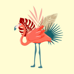 Pink flamingo illustration vector on colorful tropical leaves background. Can be used as postcards and invitations