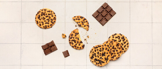 Cookies and chocolate pieces on light tile background