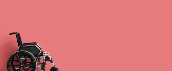 Empty wheelchair on pink background with space for text