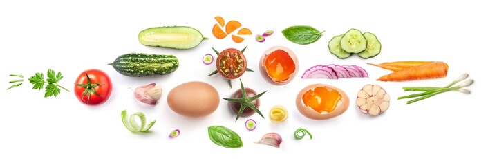 Healthy food background with various vegetables and eggs