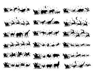 Christmas Santa's sleigh set.Vector black silhouette.Illustrations for laser, paper cutting, printing on T-shirts, mugs. Various animals harnessed to the sled. Isolated on white background.