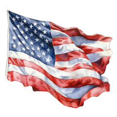 Watercolor painting of US flag waving on the wind, in the style of realistic forms, detailed engraving isolated on transparent background png - Generative AI