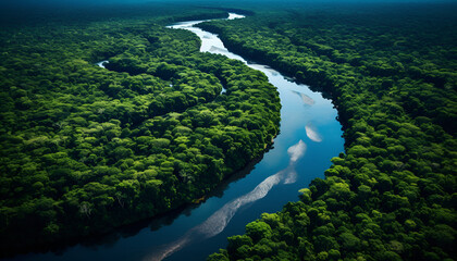A Large River Meanders Through Lush Rainforest 