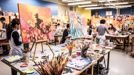 He admires the colourful art supplies, eagerly anticipating a new school year.