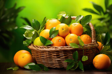 Wicker basket full of assorted citrus fruits on green leaves background