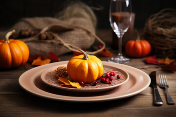 Thanksgiving dinner table setting with autumnal decorations, pumpkins, glasses and plates. Generative AI.