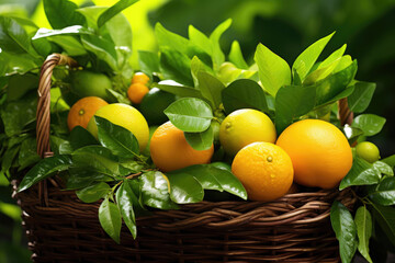 Wicker basket full of assorted citrus fruits on green leaves background