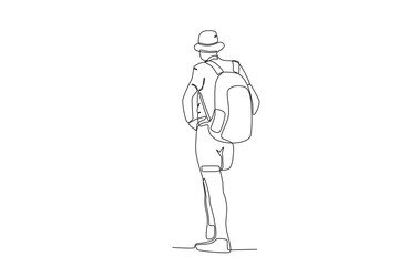 Fototapeta na wymiar Back view of a tourist carrying a backpack. World tourism day one-line drawing