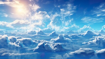 White aesthetic set isolated on a blue background. Render soft round cartoon fluffy clouds icon in the blue sky
