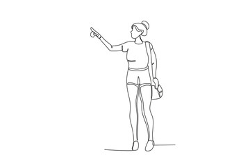 A female tourist pointed towards the side. World tourism day one-line drawing