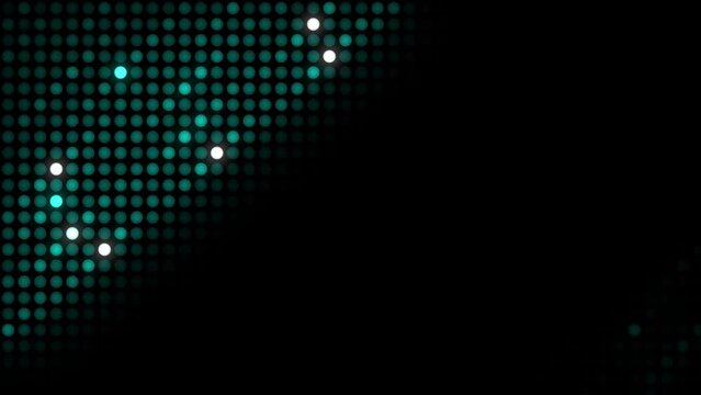 glowing pattern dots in black background with lines diagonally across the screen. Abstract modern digital backdrop animation.