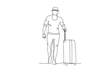 A touring man carrying a suitcase. World tourism day one-line drawing