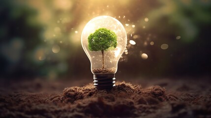 The concept of ecology, trees, soil, sunlight, rising from the lamp on black background. The bulb inside the tree with the globe. illustration