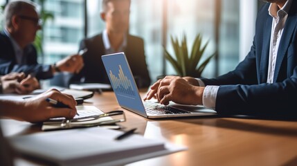 Business analyst or auditor working on statistical data paper documents using laptop computer with spreadsheets making analytics report.