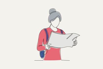 Color illustration of a tourist viewing a travel map. World tourism day one-line drawing