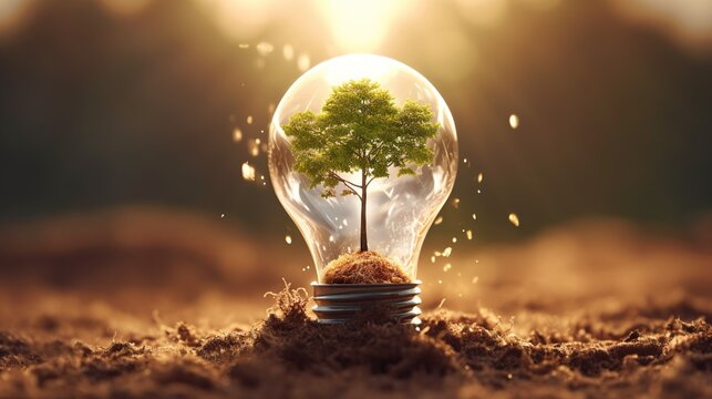 The concept of ecology, trees, soil, sunlight, rising from the lamp on black background. The bulb inside the tree with the globe. illustration