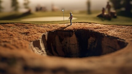 Close-up golf ball on tee with blur green bokeh background