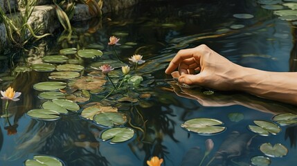 hands touching the lotus or lily in pond in the morning sun rays and standing in the water pond, beauty of nature, shadows, forest morning