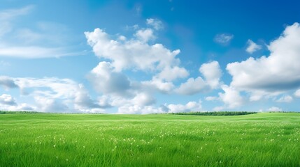 Fototapeta premium Panoramic natural landscape with green grass field, blue sky with clouds and and mountains in background. Panorama summer spring meadow. Shallow depth of field