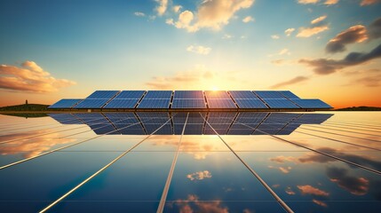 Solar panels and blue sky. Solar panels system power generators from sun. Clean technology for better future