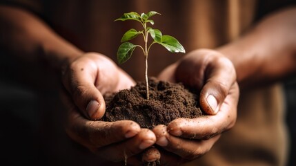 touching soil on the field before growth a seed of vegetable or plant seedling. Agriculture, gardening or ecology concept in sunlight