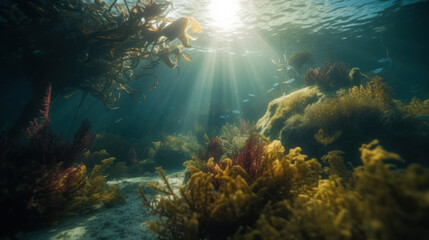 Fototapeta na wymiar Sunlit Depths. Abstract Underwater Scene with Nature Background