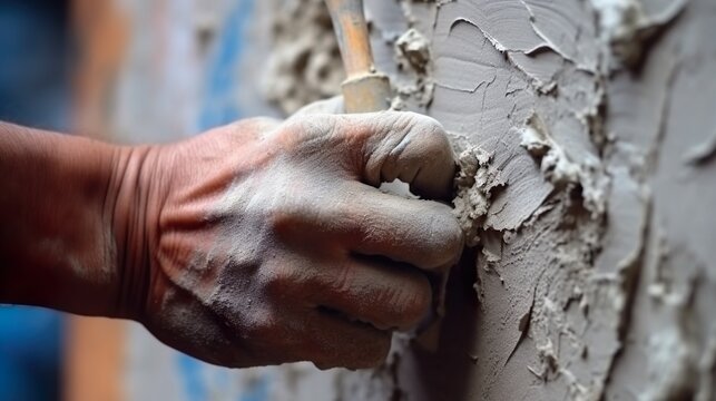 a construction worker plastering cement at a wall hardworking
