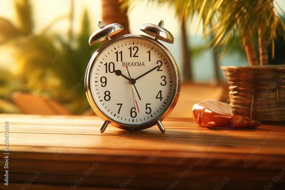 Poster time to relax concept. alarm clock on background of beach.