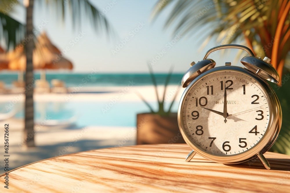 Poster time to relax concept. alarm clock on background of beach.