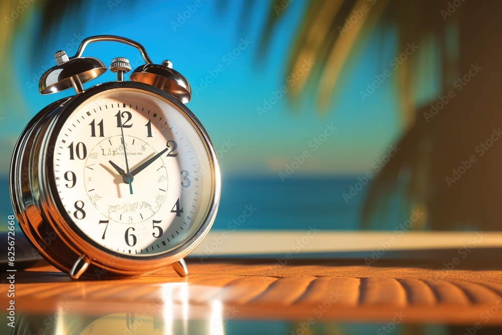 Poster time to relax concept. alarm clock on background of beach.