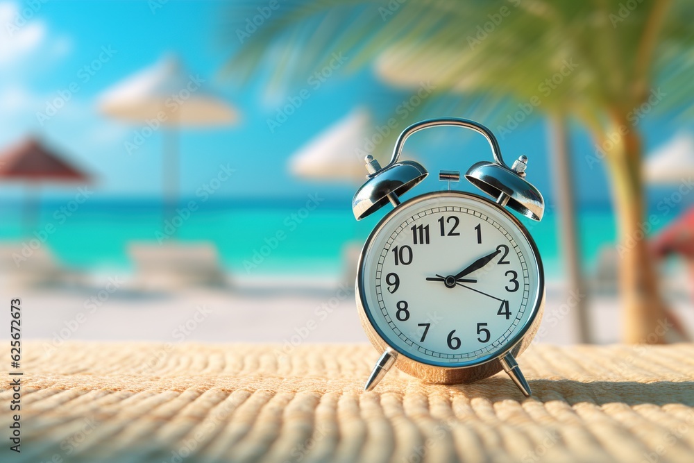 Poster time to relax concept. alarm clock on background of beach.